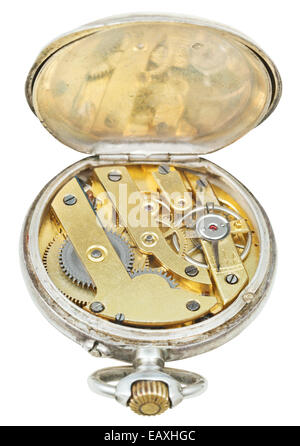 Une horloge en laiton de retro silver pocket watch isolé sur fond blanc Banque D'Images