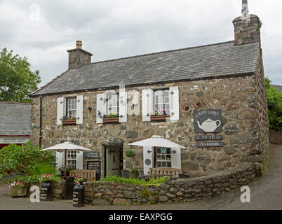 Salon de thé à l'attrayante maison en pierres avec terrasse dans jardin coloré et signalisation en gallois au Pays de Galles Criccieth Banque D'Images