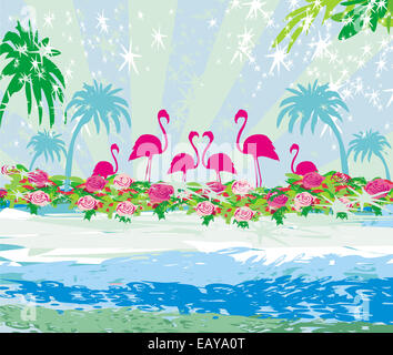 Résumé carte avec des flamants roses et de la nature Banque D'Images