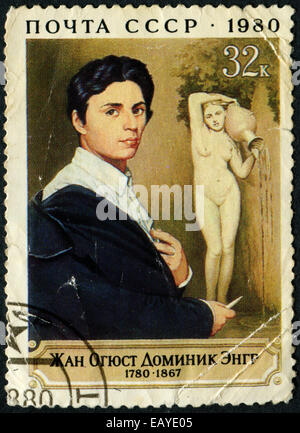 Urss - circa 1980 : timbre imprimé par URSS montre l'auto - portrait de Jean Auguste Dominique Ingres (1780 - 1867) et nymphe. Le Français Banque D'Images