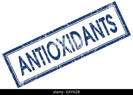 Antioxydants blue square stamp isolé sur fond blanc Banque D'Images