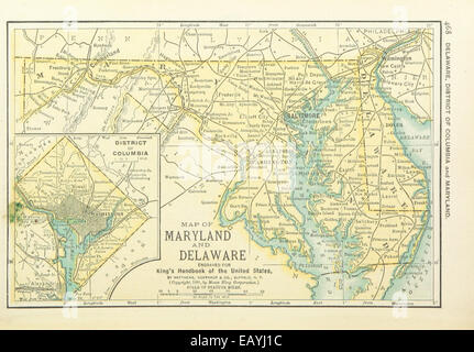 Cette carte de 1891 montre la configuration géographique du Maryland, du Delaware et du District de Columbia, mettant en évidence les principaux monuments, rivières et voies de transport à la fin du XIXe siècle. Banque D'Images