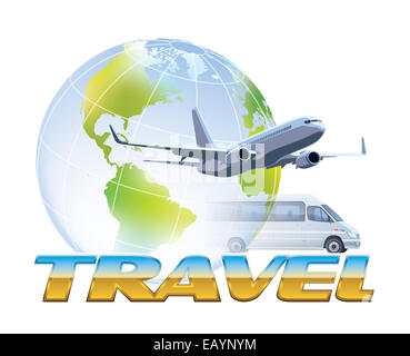 Avion de ligne survolant la terre, voyage mot globe dans l'arrière-plan Banque D'Images