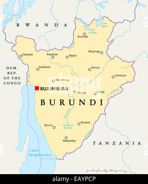 Carte politique du Burundi à Bujumbura, capitale des frontières nationales, d'importantes villes, rivières et lacs. L'étiquetage en anglais et d'adaptation. Banque D'Images