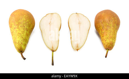 Poires conférence - deux ensemble, on réduit de moitié, isolé sur fond blanc Banque D'Images