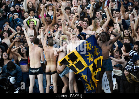 Boston, Massachusetts, USA. 22 Nov, 2014. Fans de Yale envoyer la Harvard fans un message lors de la NCAA football match entre le Crimson de Harvard et le Yale Bulldogs tenue au stade de Harvard à Boston, Massachusetts. Eric Canha/CSM/Alamy Live News Banque D'Images