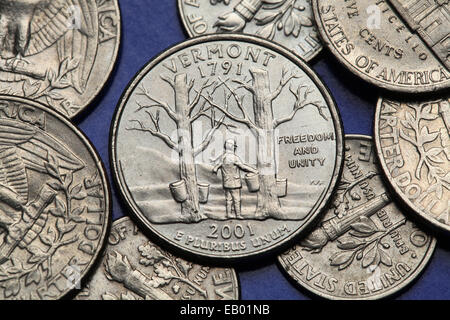 Coins des Etats-Unis. Les érables avec rayons SAP et Camel's Hump Mountain représenté sur les États-Unis Vermont trimestre (2001). Banque D'Images