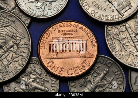 Coins des Etats-Unis. Le Lincoln Memorial à Washington D.C. représenté sur la pièce de un cent US. Banque D'Images