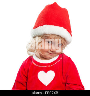 Cute blonde girl déguisée en père Noël isolated on white Banque D'Images