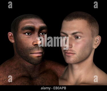 L'Homo erectus et sapiens comparaison en fond noir - 3D render Banque D'Images