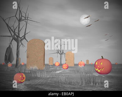 Paysage d'Halloween avec des citrouilles, des pierres tombales et cadavre accroché sur arbre mort par nuit de pleine lune, fond gris et coloré obj Banque D'Images