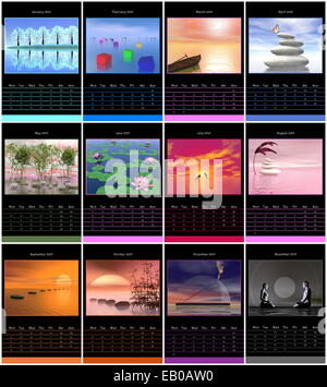 Calendrier de l'année européenne 2015 avec semaine à partir de lundi et les images zen Banque D'Images