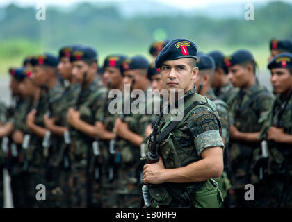 Marines guatémaltèque en formation stand durant l'année anniversaire de Brigada de Infanteria de Marina le 8 août 2014 à Puerto Barrios, Guatemala. Banque D'Images