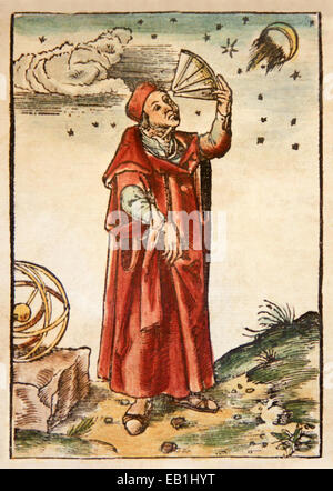 Portrait gravé sur bois de Claudius Ptolémée (90-168AD), colorié à la main à partir de l'édition coloriée à la main de 'Cosmographia' par Sebastian Münster (première publication en 1544). Cette image est tirée d'une édition latine ultérieure publiée en 1552. Banque D'Images