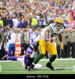 23 novembre 2014 : Green Bay Packers tight end Andrew Quarless (81) en action contre les Vikings du Minnesota au cours du premier semestre à TCF Bank Stadium à Minneapolis, MN..Craig Lassig/CSM Banque D'Images