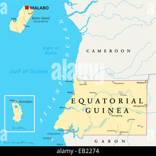 Carte Politique de la Guinée équatoriale Malabo, capitale avec les frontières nationales, les villes importantes et les rivières. L'étiquetage en anglais et d'adaptation. Banque D'Images