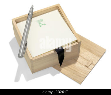 Boîte en bois de papier pour une liste d'épicerie avec stylet Banque D'Images