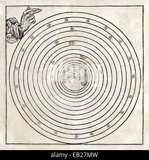 La création, le 4ème jour, Dieu crée toutes les étoiles et les corps célestes. À partir de 'Liber Chronicarum' par Hartmann Schedel (1440-1514). Voir la description pour plus d'informations. Banque D'Images