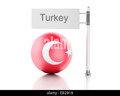 Image du drapeau de la Turquie et de panneau. Moteur de rendu 3d illustration sur fond blanc Banque D'Images