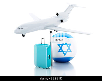 Image du concept de voyage. Valise, l'avion et l'icône du drapeau d'Israël. 3d illustration sur fond blanc Banque D'Images