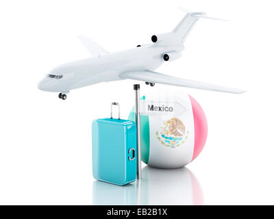 Image du concept de voyage. Valise, l'avion et l'icône du drapeau du Mexique. 3d illustration sur fond blanc Banque D'Images