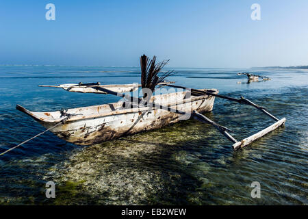 Un boutre de pêche trimaran en bois reposant dans les bas-fonds d'une île tropicale, à marée basse. Banque D'Images