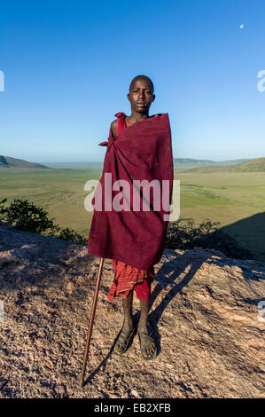 Un guerrier Massaï et herder bovins sur une montagne surplombant une plaine de savane. Banque D'Images