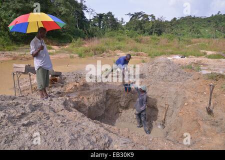 Diamond hunters creuser une fosse avec des pelles, superviseur titulaire d'un parasol, à gauche, près de Koidu, Koidu-Sefadu, district de Kono Banque D'Images