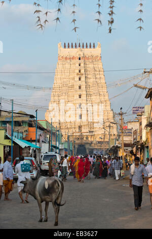 Scène de rue avec des pèlerins en face de la tour Gopuram ou la passerelle, Ramanathaswami Temple, Rameswaram, Pamban Island Banque D'Images