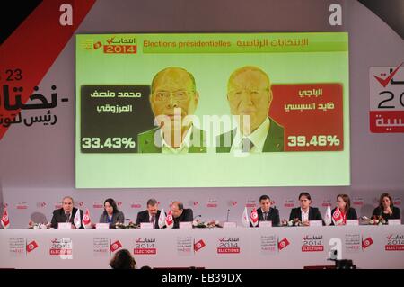 (141125) -- TUNIS, 25 nov., 2014 (Xinhua) -- Un écran montre les résultats du premier tour de l'élection présidentielle tunisienne sur 25 Novembre, 2014, au cours d'une conférence de presse tenue par l'ISIE instance électorale à Tunis. Les deux coureurs en Tunisie avant l'élection présidentielle de 2014 s'achemine vers un second tour, le chef de la Commission électorale (ISIE) Chafik Sarsar a annoncé mardi matin à Tunis. Leader du parti Nidaa Tounes, BEJI CAID ESSEBSI a remporté 39,46  % des voix, suivi par le candidat indépendant, l'actuel président tunisien, Moncef Marzouki, qui a obtenu 33,43  %. Les deux t Banque D'Images