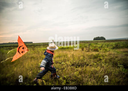 Young boy flying kite in rural field Banque D'Images