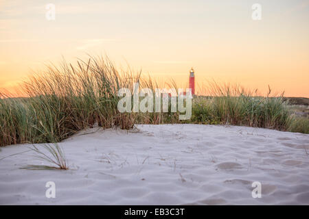 Texel phare sur la plage au coucher du soleil, De Cocksdorp, Holland Banque D'Images