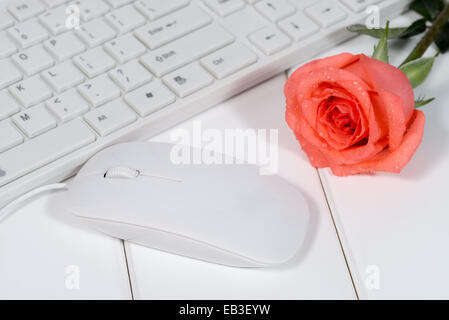 Close-up of White clavier et souris sur fond de métal Banque D'Images