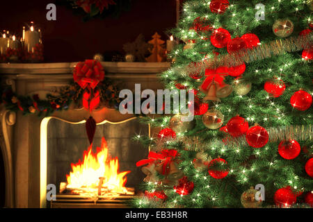 Arbre de Noël avec une cheminée Banque D'Images