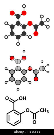 L'acide acétylsalicylique (aspirine) soulagement de la molécule du médicament. Formule topologique classique et représentations stylisées. Banque D'Images