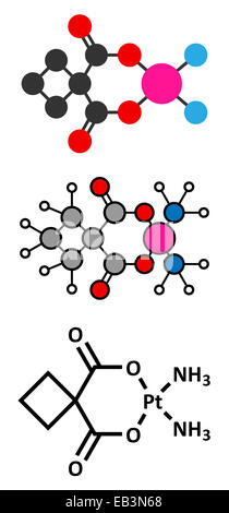 Carboplatine chimiothérapie du cancer molécule pharmaceutique. Formule topologique classique et représentations stylisées. Banque D'Images