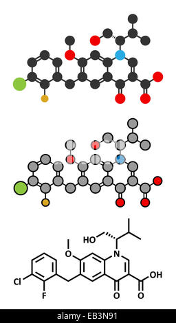 Traitement du VIH d'elvitégravir (médicaments inhibiteurs de l'intégrase) molécule. Formule topologique classique et représentations stylisées. Banque D'Images