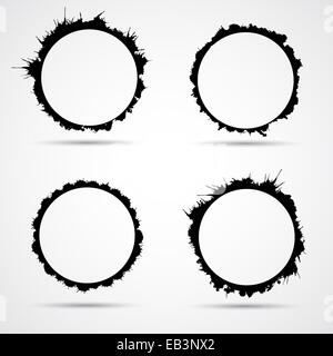 Ensemble d'éclaboussures d'aquarelle, cercles noirs de formes, de coups de pinceau. Banque D'Images