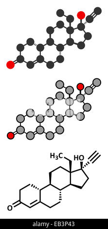 Levonorgestrel pilule contraceptive molécule pharmaceutique. Formule topologique classique et représentations stylisées. Banque D'Images