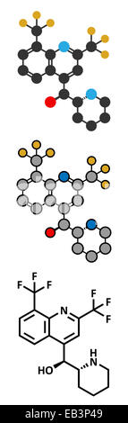 La méfloquine le paludisme molécule pharmaceutique. Formule topologique classique et représentations stylisées. Banque D'Images