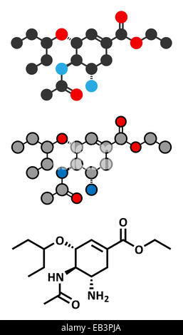 Le virus de la Grippe Oseltamivir molécule pharmaceutique. Formule topologique classique et représentations stylisées. Banque D'Images