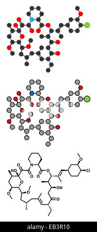 Le pimécrolimus eczéma (dermatite atopique) molécule pharmaceutique. Formule topologique classique et représentations stylisées. Banque D'Images