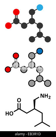 L'épilepsie de la prégabaline et la fibromyalgie molécule pharmaceutique. Formule topologique classique et représentations stylisées. Banque D'Images