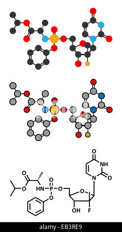 Le virus de l'hépatite C Sofosbuvir molécule pharmaceutique. Formule topologique classique et représentations stylisées. Banque D'Images