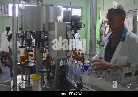 Une usine de mise en bouteilles de rhum dans la région de Pinar del Rio de Cuba Banque D'Images