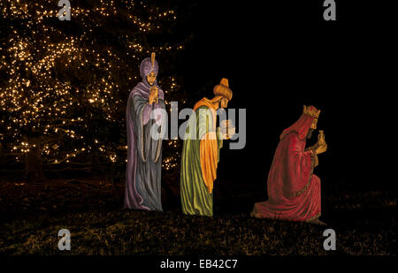 Un jardin de la nativité chrétienne exposition de nuit des trois hommes sages et des lumières d'arbre de Noël dehors la nuit à Cranbury, New Jersey, USA Christmass Banque D'Images