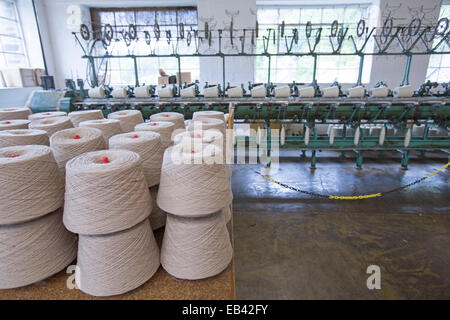 Gamme de machines pour la filature de la laine et d'énormes bobines de fil à Trefriw Woollen Mills historique, attraction touristique populaire au pays de Galles Banque D'Images