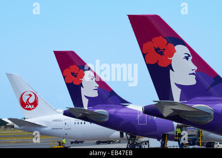Tails d'Hawaiian Airlines et Japan Airlines avions, l'Aéroport International d'Honolulu, Honolulu, Oahu, Hawaii, USA Banque D'Images