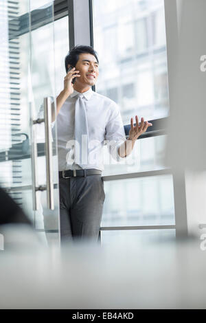 Young businessman talking on cell phone in office Banque D'Images