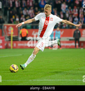 WROCLAW, Pologne - 18 NOVEMBRE 2014 : Kamil Glik (15) et Xherdan Shaqiri (23) en action au cours de match Pologne - Suisse 2:2. Banque D'Images